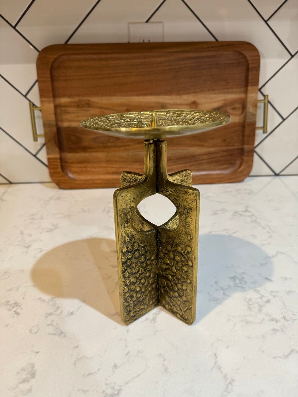 vintage Brutalist style candleholder textured, patinated brass construction
